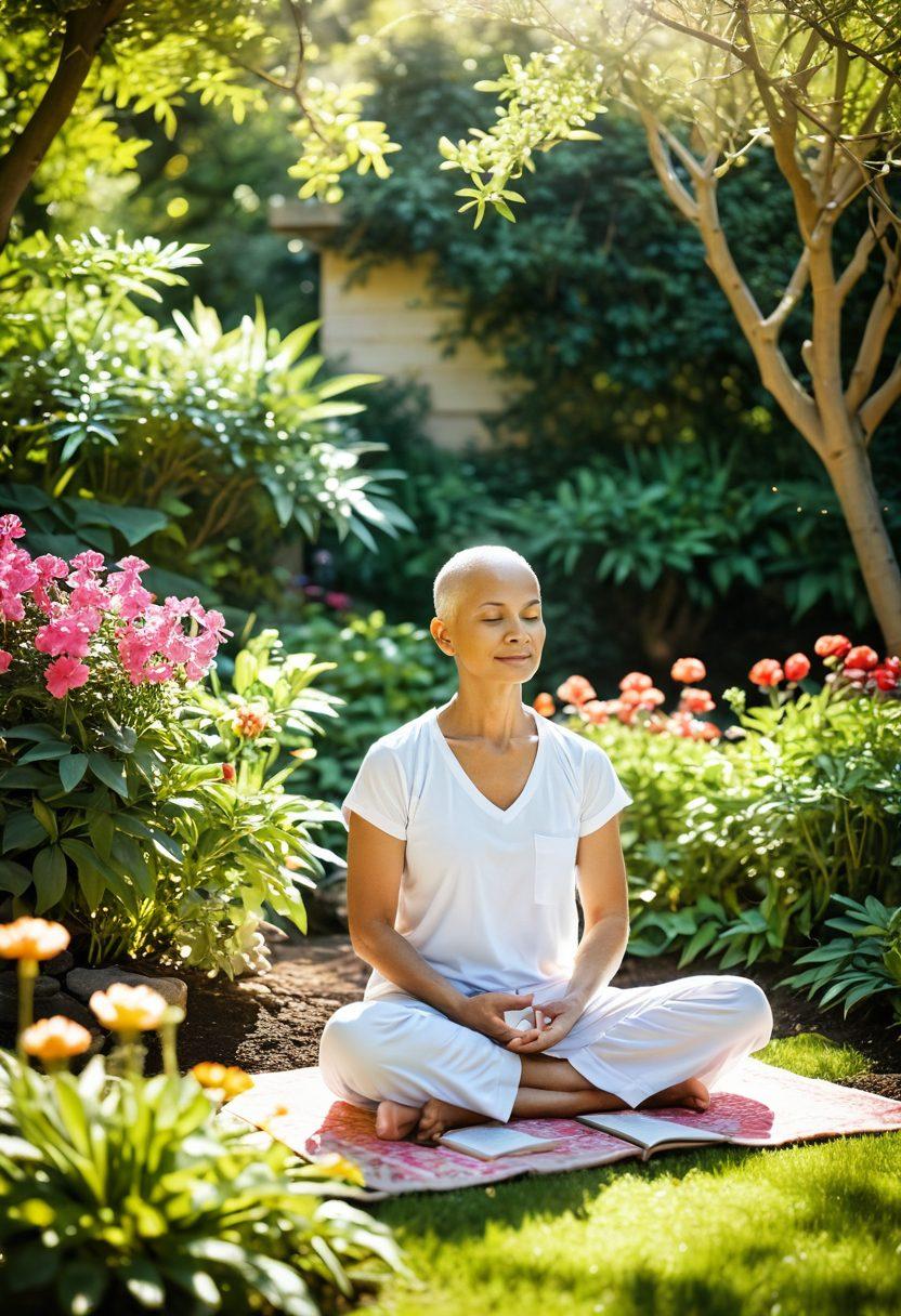 A serene and uplifting scene depicting a cancer patient meditating in a lush garden, surrounded by vibrant flowers and sunlight filtering through trees, symbolizing hope and healing. Include supportive elements like a journal, herbal teas, and motivational quotes gently placed in the foreground. Show gentle hands nurturing a small plant, representing growth and recovery. soft focus. vibrant colors. peaceful atmosphere.